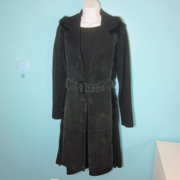 Cynthia Steffe Jackets & Blazers - Cynthia Steffe Size M Black Suede Belted Trench Knit Back & Sleeves Rabbit Trim